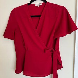 Monteau Red Peplum Flutter Sleeve Vintage Style Wrap Top Size L